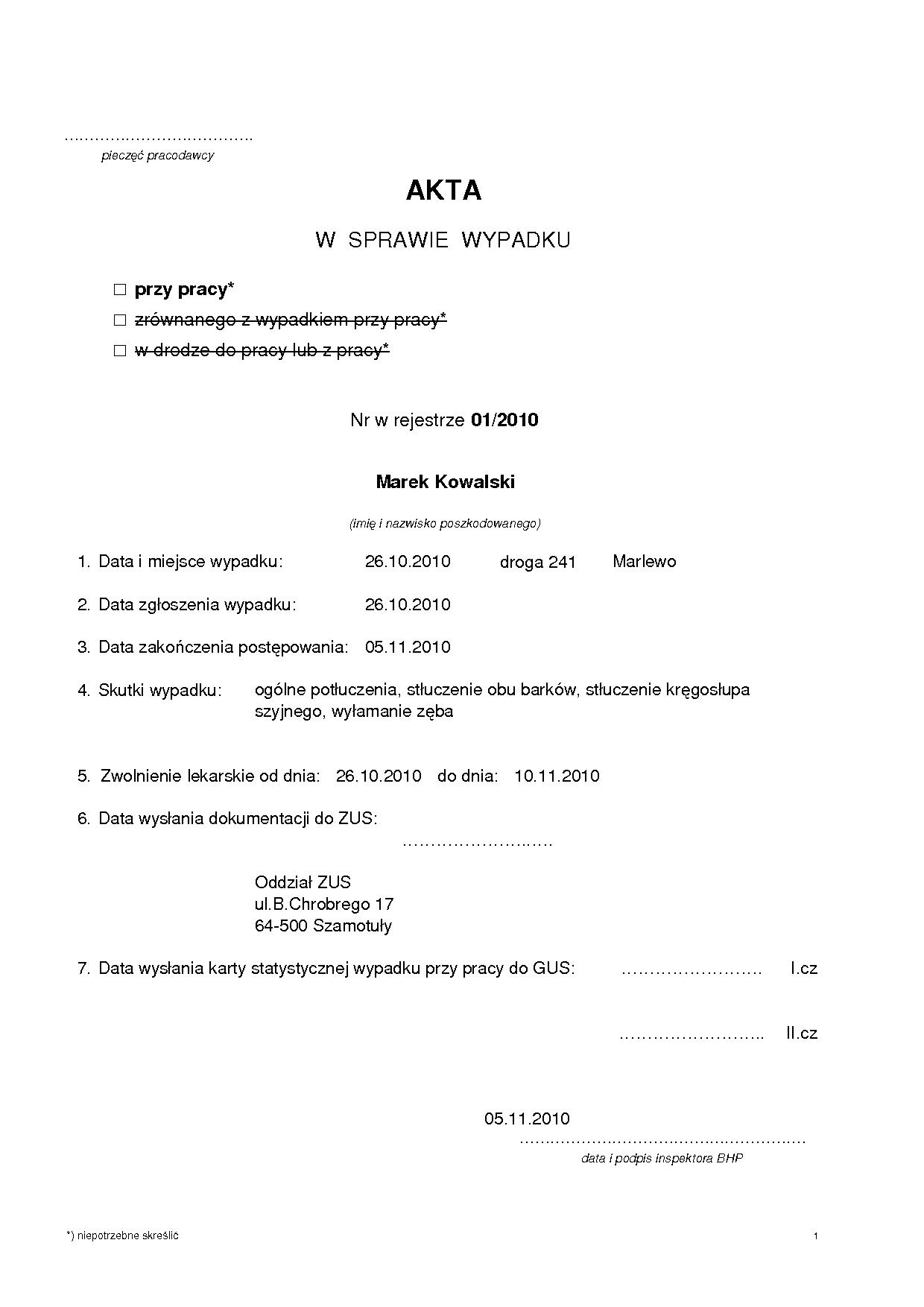 Przykładowa dokumentacja wypadku przy pracy – strona 1