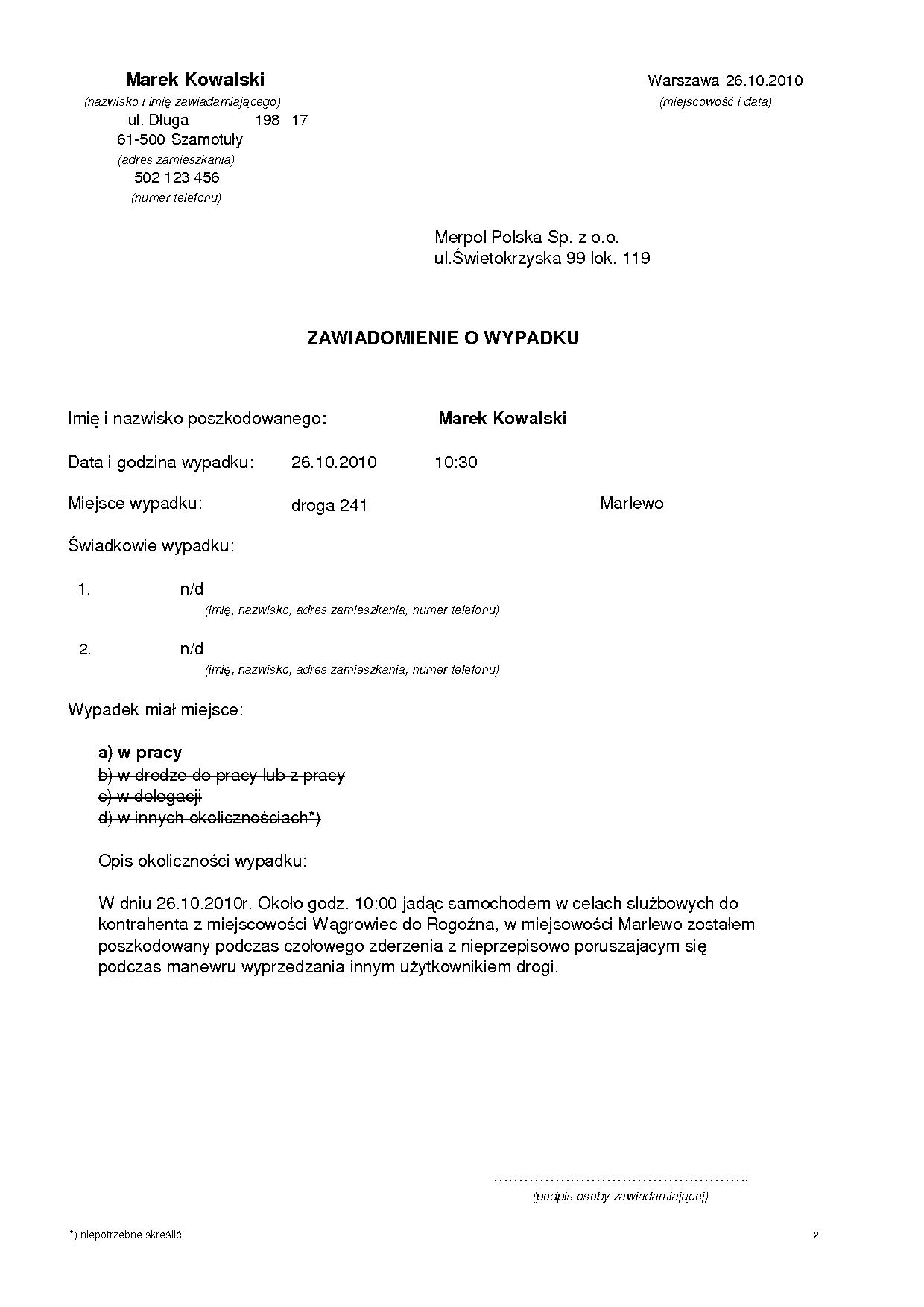 Przykładowa dokumentacja wypadku przy pracy – strona 2