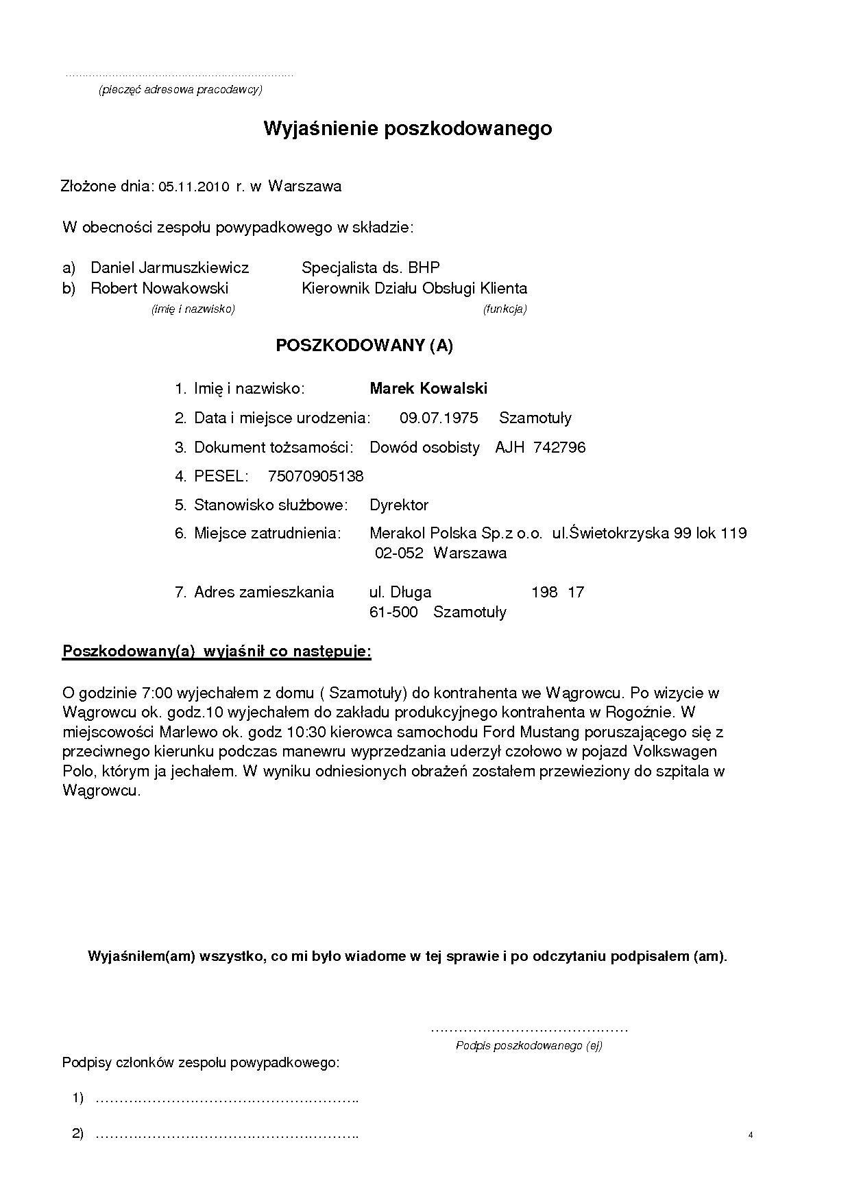 Przykładowa dokumentacja wypadku przy pracy – strona 3