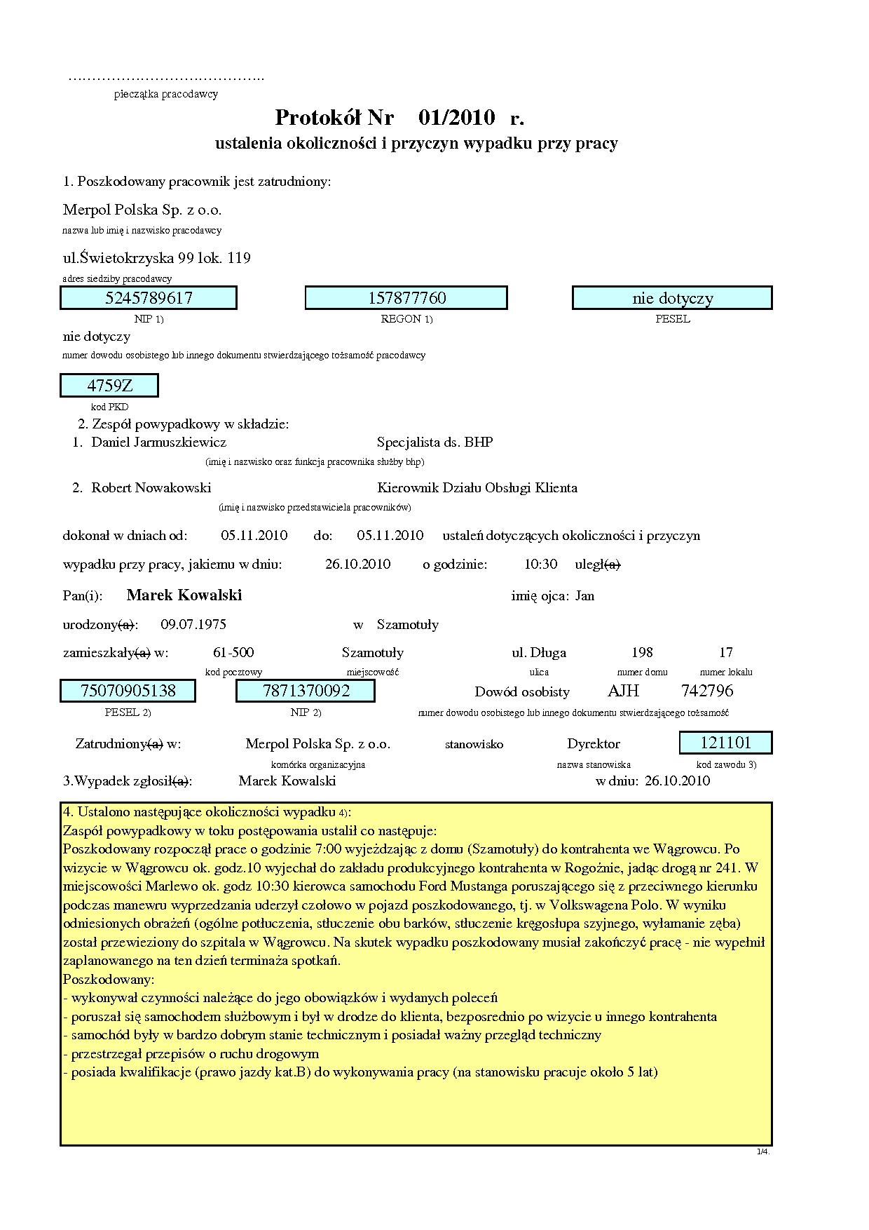 Przykładowa dokumentacja wypadku przy pracy – strona 5