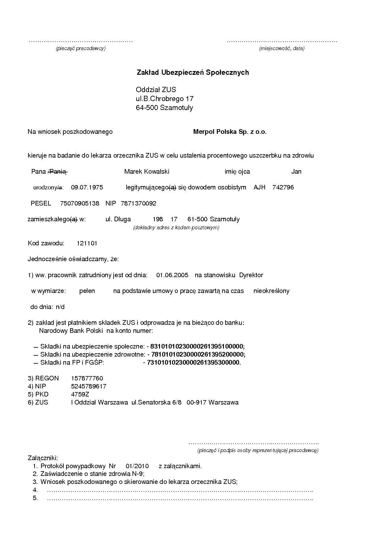 Przykładowa dokumentacja wypadku przy pracy – strona 9